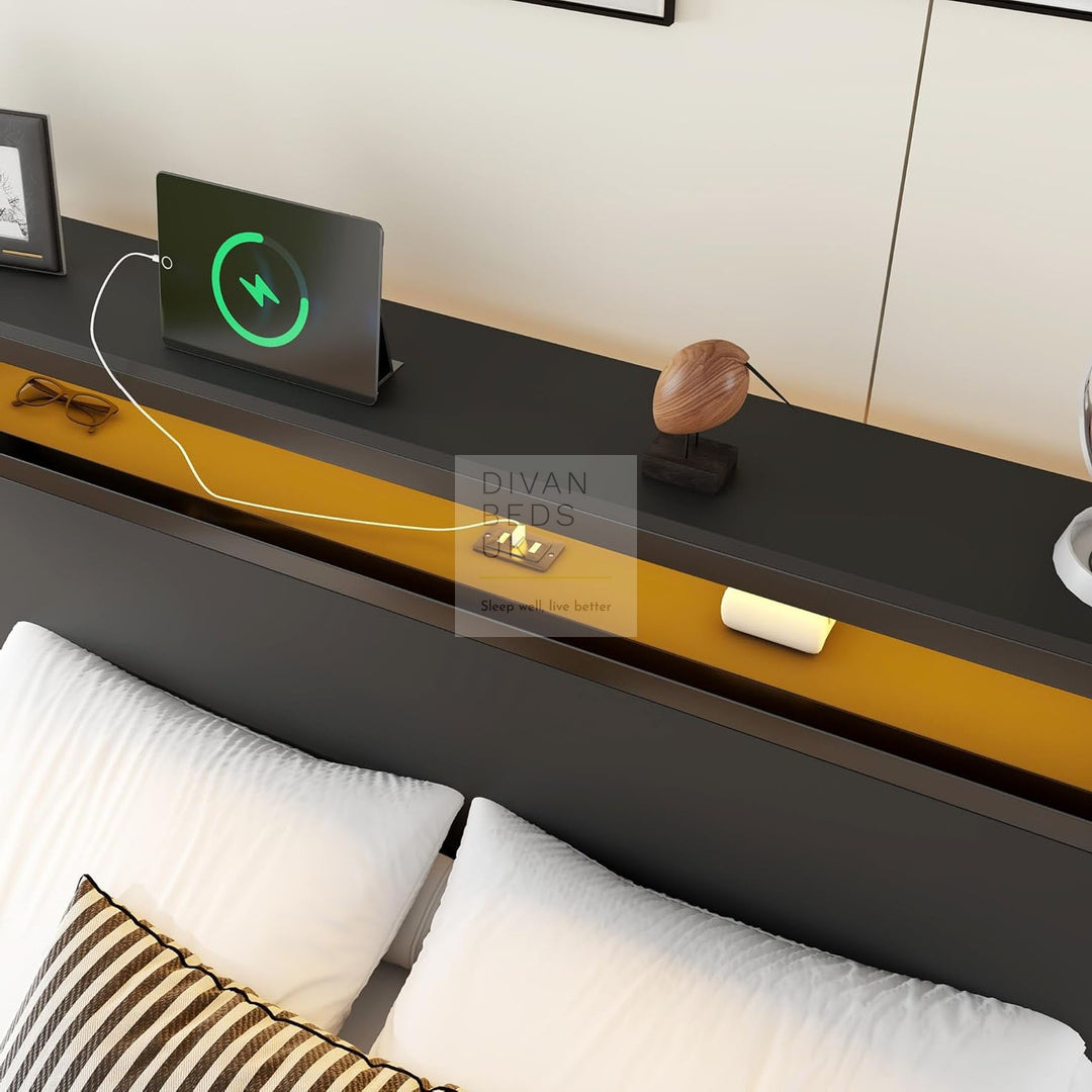Zentiva LED Black Smart Bed with Integrated Bedside Tables, Charging Station with USB and Type C