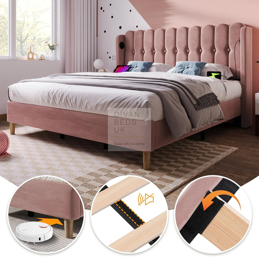 Calabria Wingback Pink Velvet Smart Bed with USB & Type-C Charging Stations on Both Sides