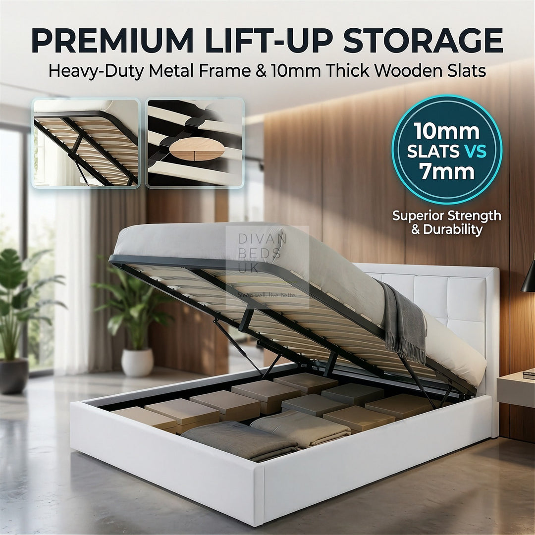 Hiley LED White Leather Ottoman Gas Lift Storage Bed Frame