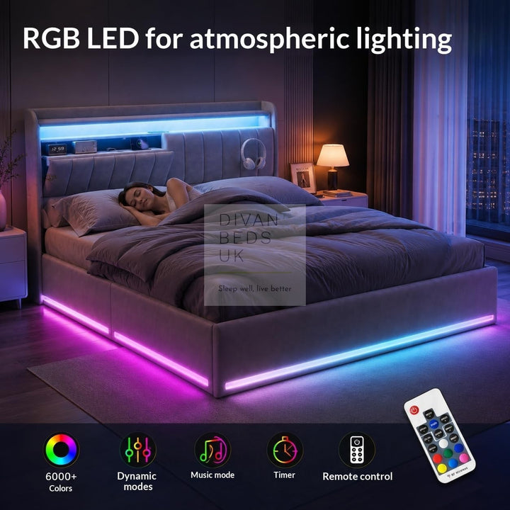 Kairi LED Grey Velvet Ottoman Storage Smart Bed with USB Type C Charging Station on Headboard Storage Shelf