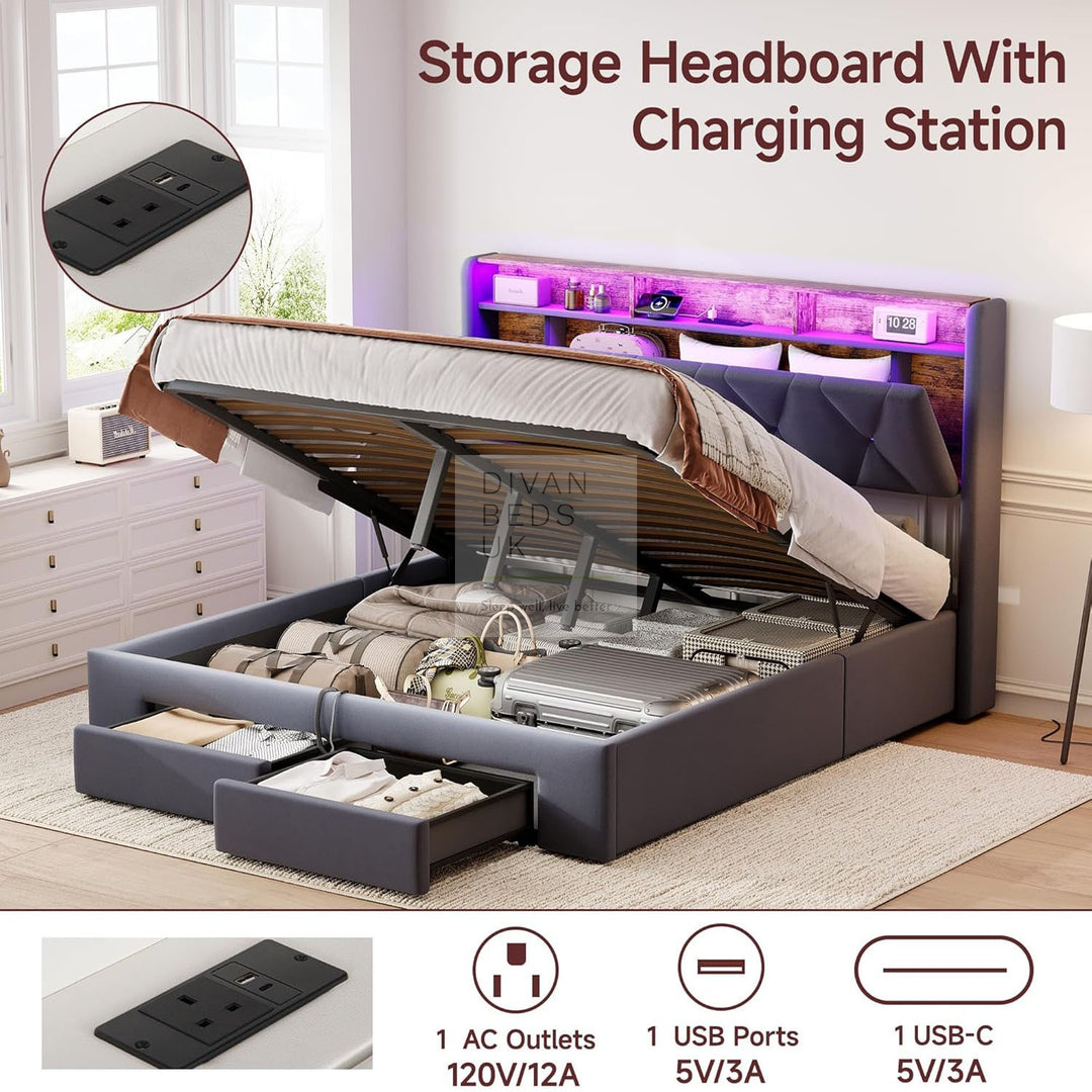 Velasquez Grey Plush Velvet Ottoman Storage Smart Bed with Type C, USB & Socket Charging Headboard Storage Shelves