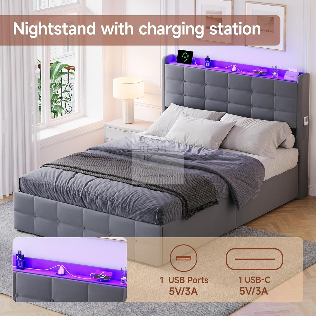 Vicente 4 Drawer Soft Grey Velvet Smart Bed with LED Lights, Type C and USB Charging Adjustable Headboard Shelf