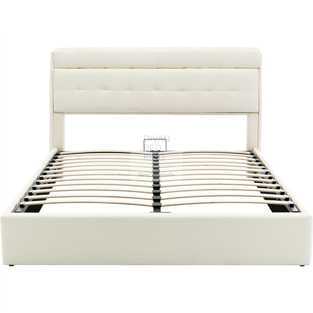 Carmine Cream Beige Leather Ottoman Storage Bed with Headboard Storage