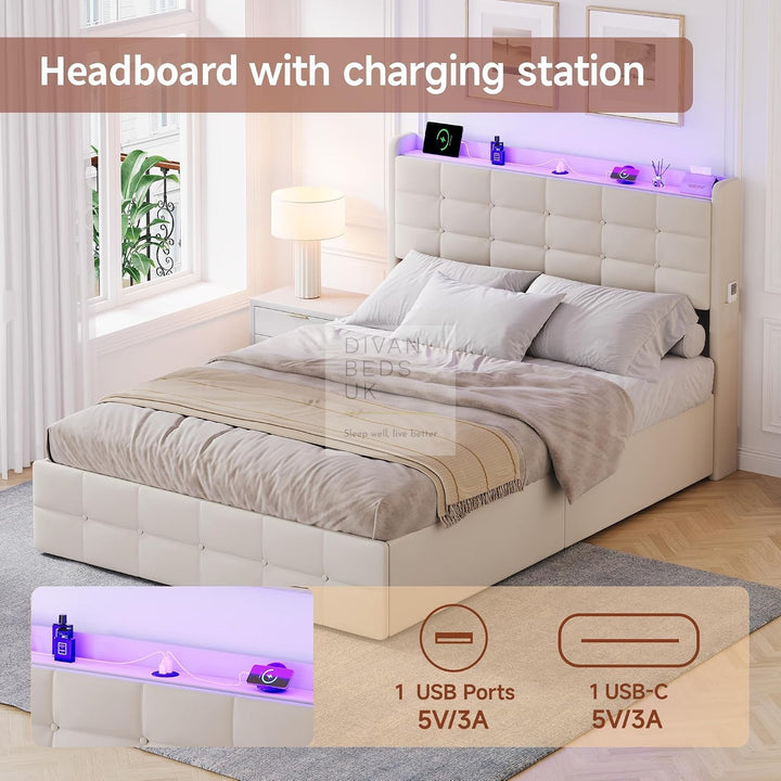 Vicente 4 Drawer Soft Beige Velvet Smart Bed with LED Lights, Type C and USB Charging Adjustable Headboard Shelf