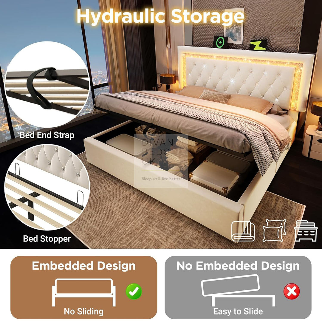 Adela Beige Velvet Diamante Crystal Bed Ottoman Storage Smart Bed with Glitter LED Lights, USB and Type-C Charging