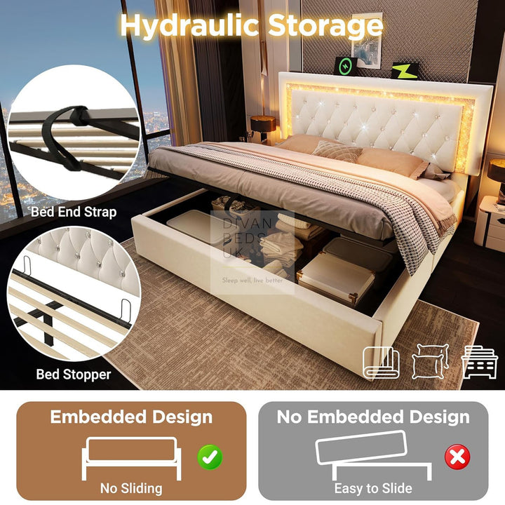 Adela Beige Velvet Diamante Crystal Bed Ottoman Storage Smart Bed with Glitter LED Lights, USB and Type-C Charging