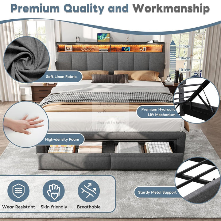 Aarya Charcoal Grey Linen 2 Drawer Ottoman Storage Bed with LED Lights, Type C and USB Charging Headboard Storage Shelf