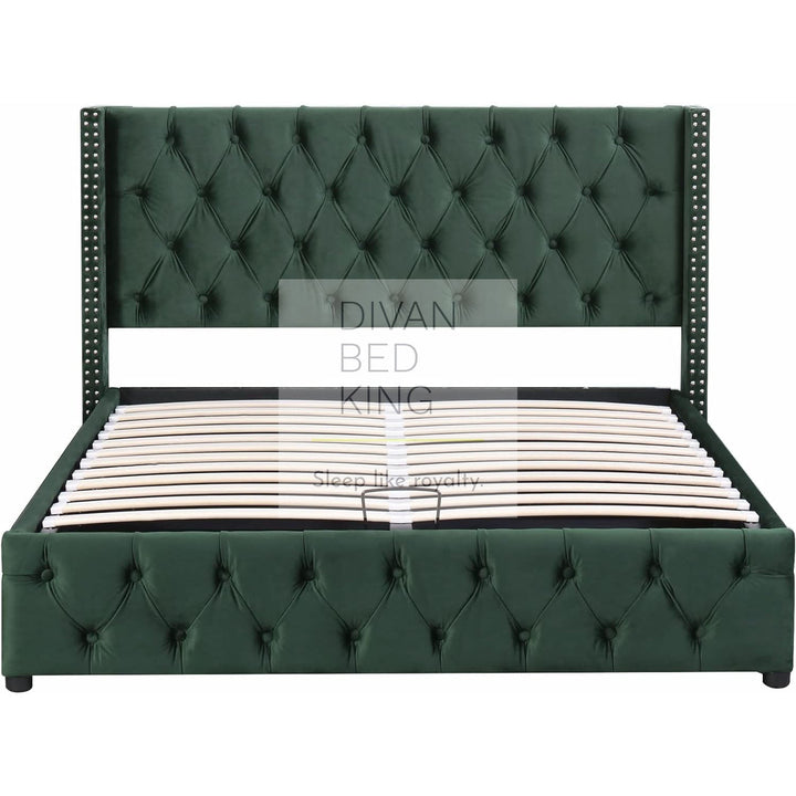 Harlow Green Plush Velvet Wingback Ottoman Storage Bed Frame