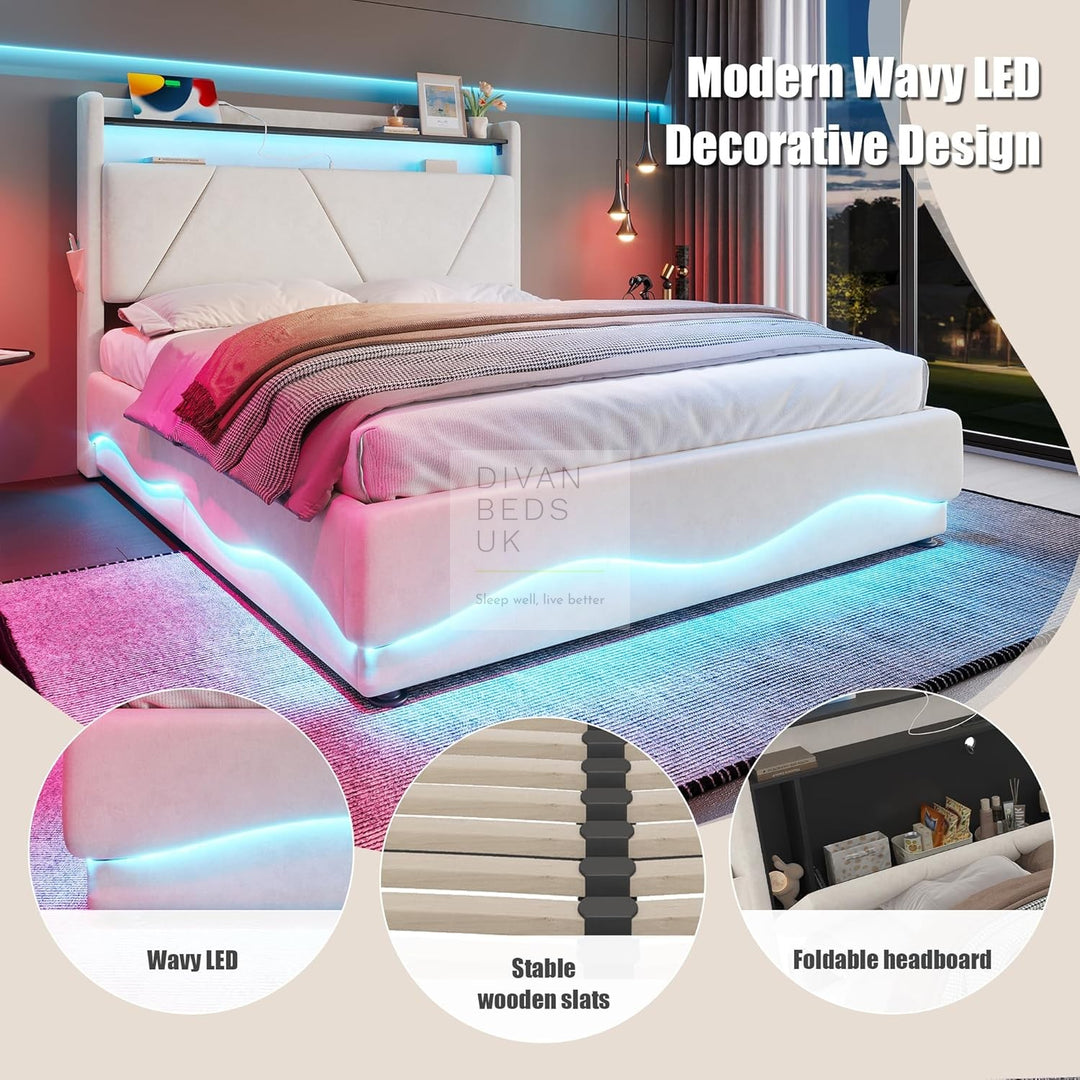 Aviana Wave LED Beige Velvet Ottoman Storage Bed Frame with USB Type C Charging Station on Headboard Storage Shelf