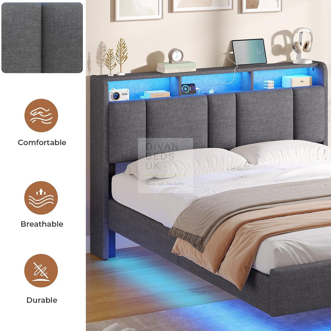 Everleigh Grey Linen Floating Bed Frame with Padded Storage Wing Headboard, LED Lights, USB &amp; Type-C Charging Station