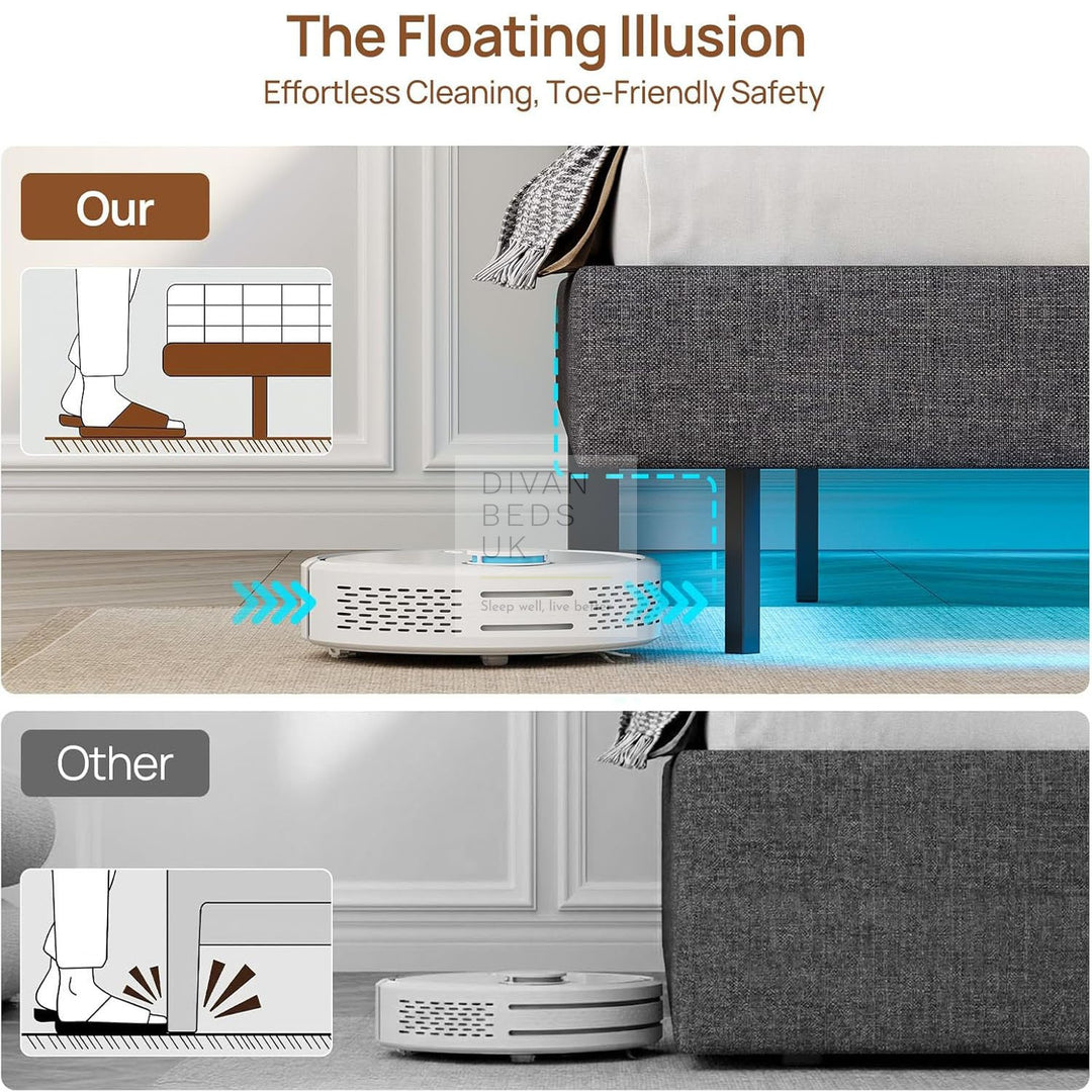 Houston Kids Smart Metal Floating Bed with Grey Padded Storage Headboard, LED Lights, USB & Type C Charging Station