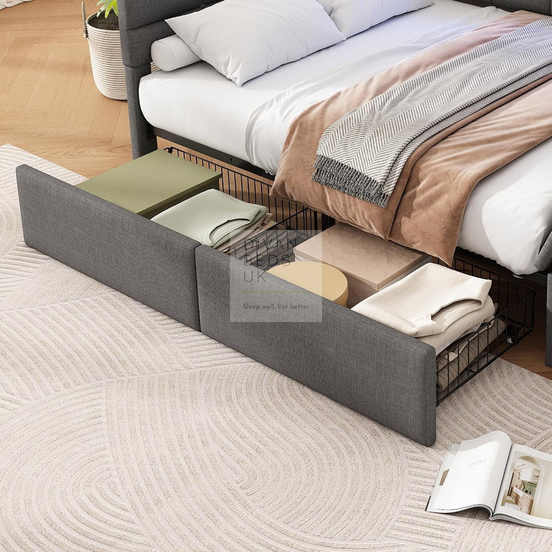 Avayah Grey Linen Smart Daybed Sofa Bed with 2 Drawers, LED Shelves Storage, USB &amp; Type C Charging Station &amp; Storage Box