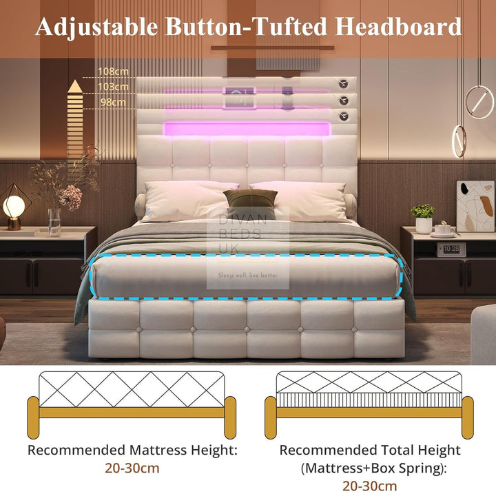 Campania LED Beige Ottoman Storage Bed with Bluetooth Speakers, USB & Type-C Ports - Copy