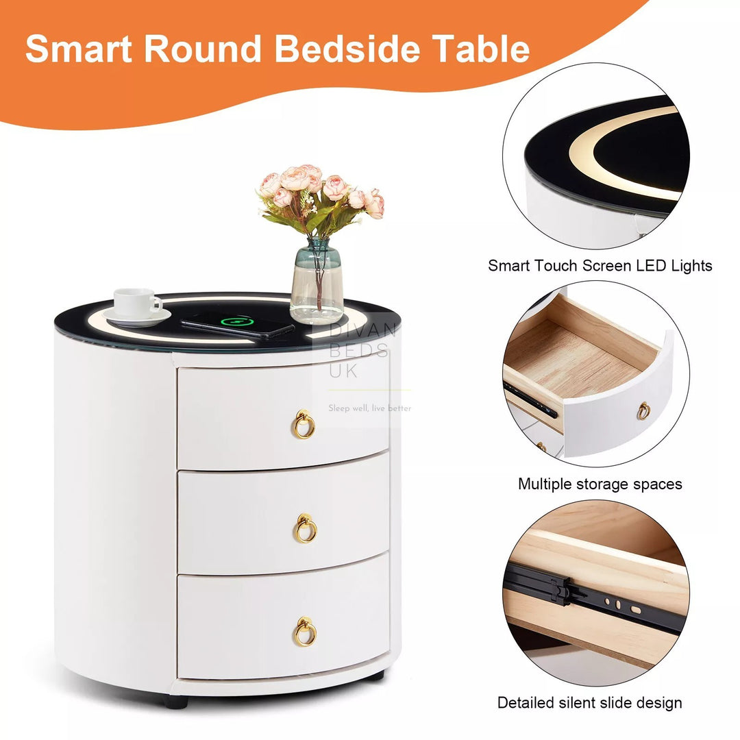 Adrastea Round 3 Drawer White Leather Smart LED Bedside Table with Wireless Charging