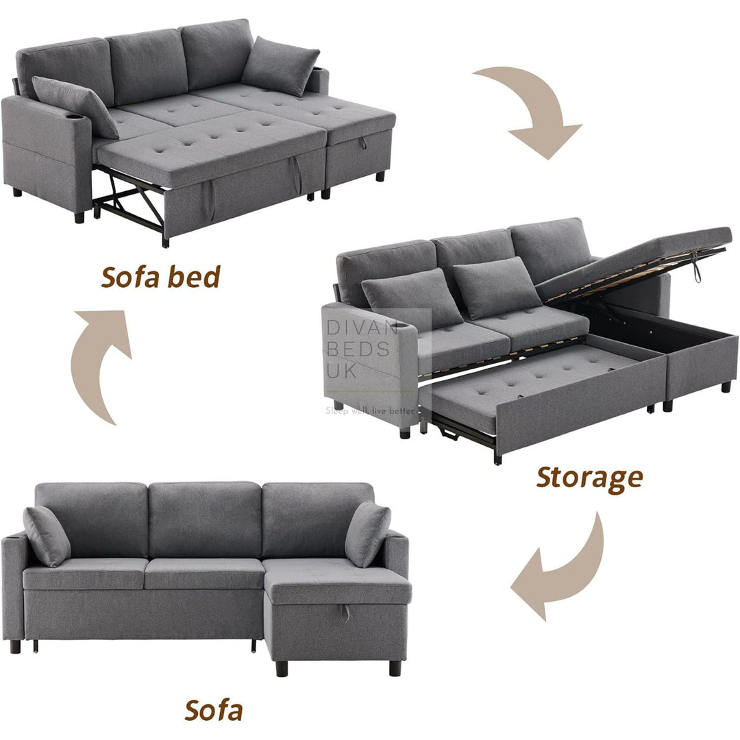 Downtown Grey Linen 4 Seater Ottoman Storage Corner Sofa Bed with Trundle