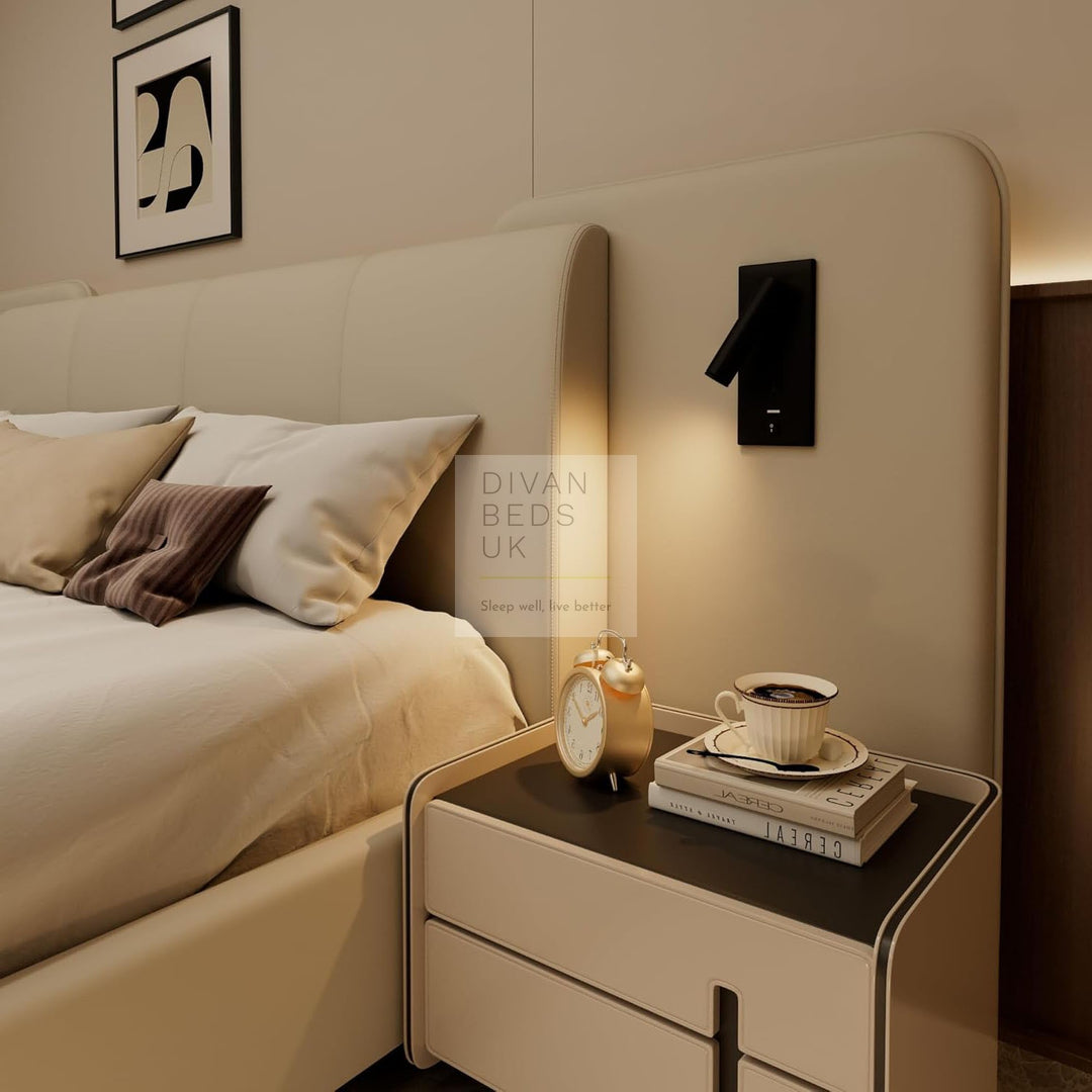 Monteleone Oversized Headboard White Leather Bed Frame with Integrated Lighting & USB Charging