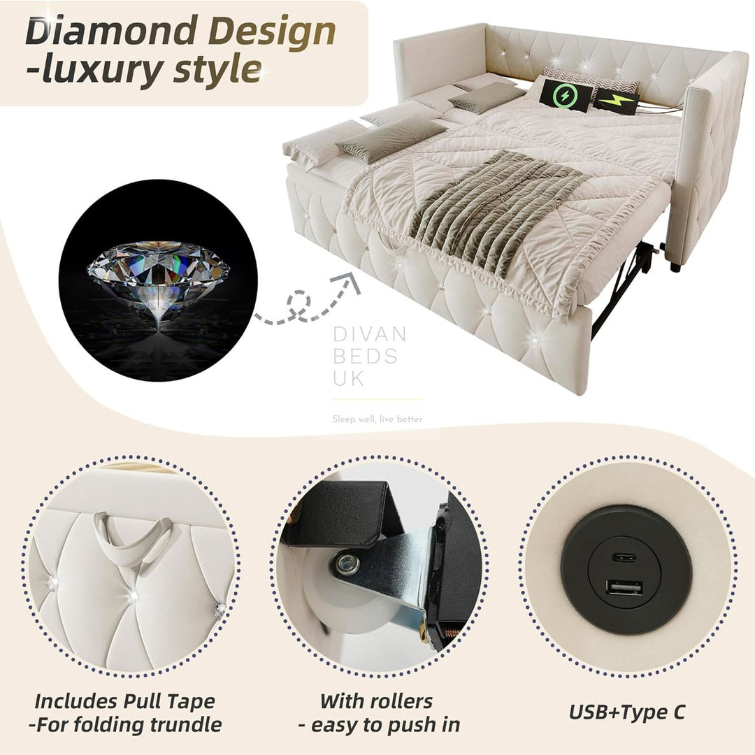 Taranto Beige Velvet Diamante Crystal Smart Daybed Sofa Bed Couch with Trundle, Charging Station, USB & Type C Ports