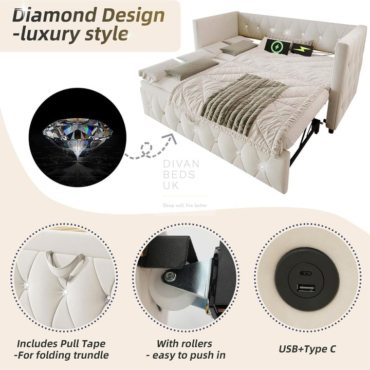 Taranto Beige Velvet Diamante Crystal Smart Daybed Sofa Bed Couch with Trundle, Charging Station, USB & Type C Ports