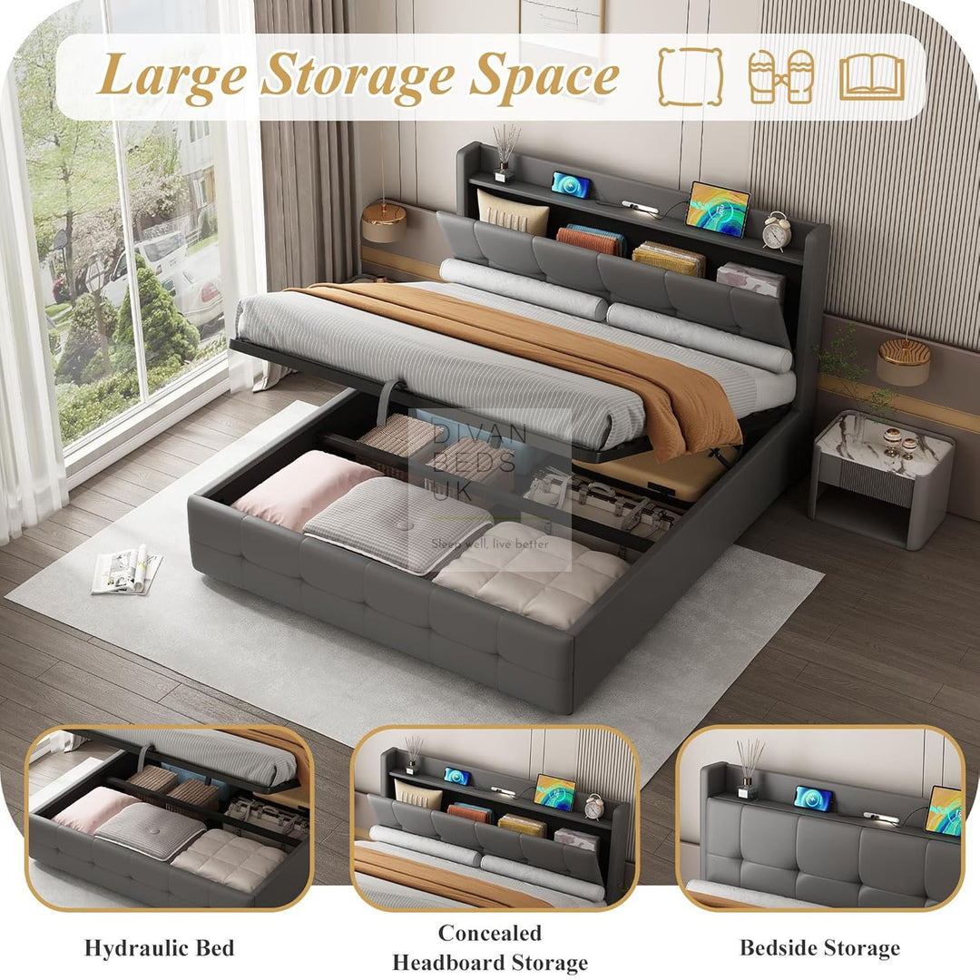 Serafina Grey Leather Ottoman Smart Bed with LED Headboard Storage Charging Station, USB, Type-C Ports