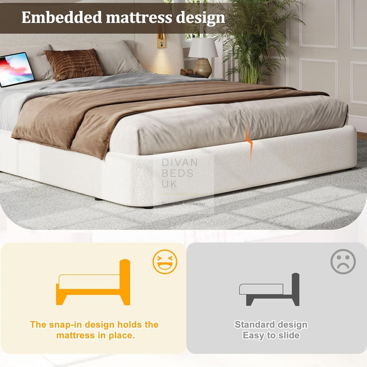 Peralta Oversized Headboard White Boucle Teddy Ottoman Storage Bed with USB Ports and Adjustable Lights