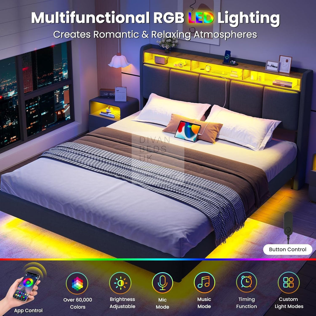 Houston Smart Metal Floating Bed with Grey Linen Padded Storage Headboard, LED Lights, Plug Sockets, USB &amp; Type C Charging Station