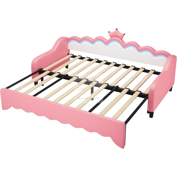 Vivian Pink Leather Girls Smart Sofa Bed with LED Lights & Trundle Daybed Couch