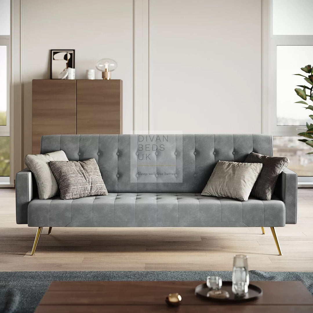 Felix Grey Plush Velvet 3 Seater Sofa Bed with Golden Legs