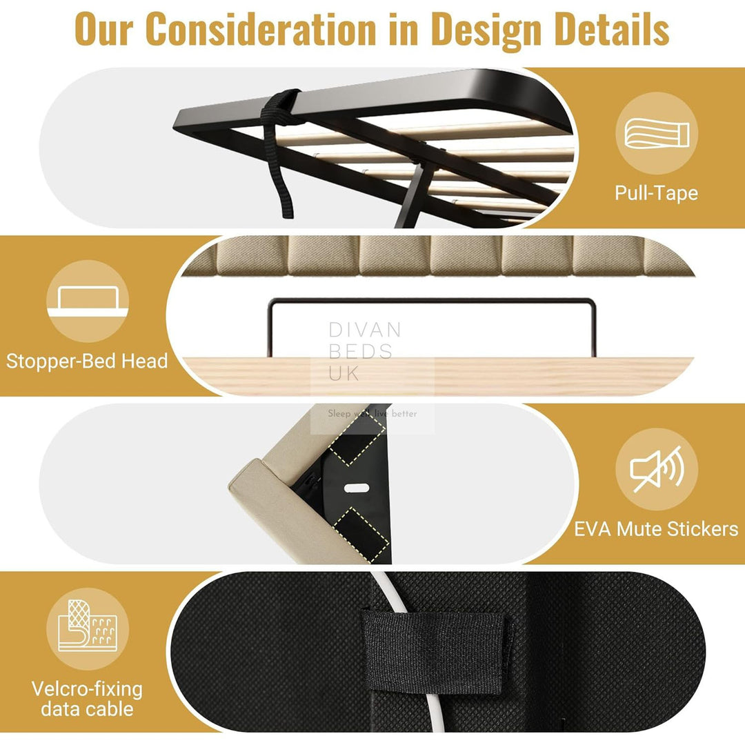 Moreno Beige Linen Wingback Ottoman Storage Smart Bed with Type C, USB & Wireless Charging Headboard Shelves