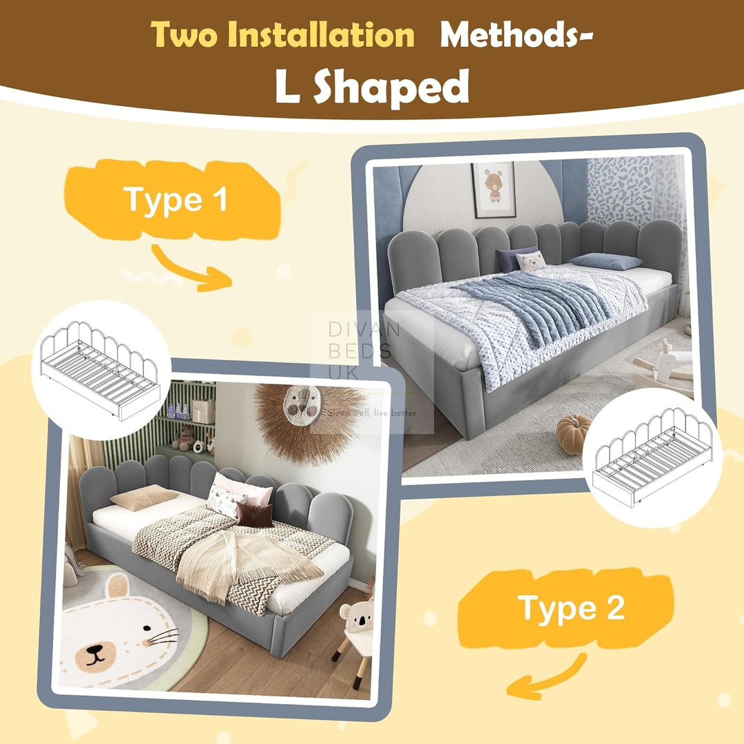 Novara Grey Plush Velvet Convertible Corner 3FT Single Daybed Sofa Bed Couch with Trundle
