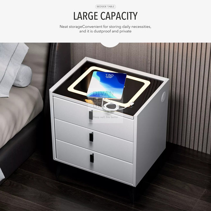 Elara White 3 Drawer Smart LED Bedside Table with USB, Type C and Wireless Charging