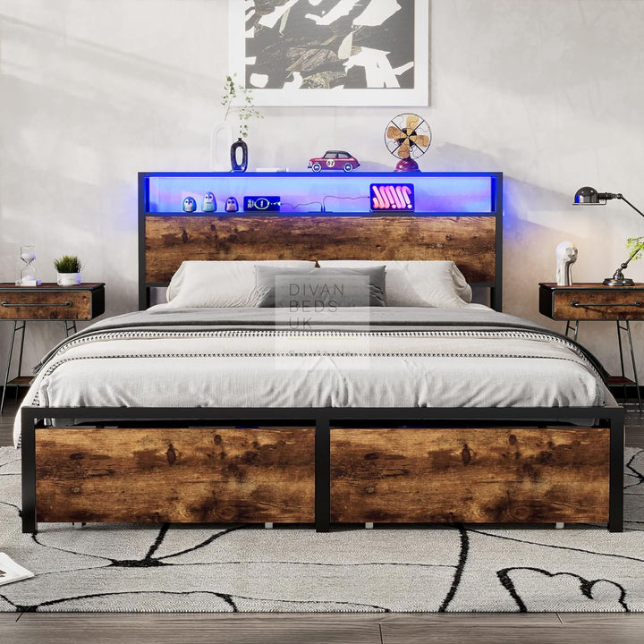 Henry Metal Divan Bed with End Drawers with Smart LED Lights, USB & Type-C Charging Station