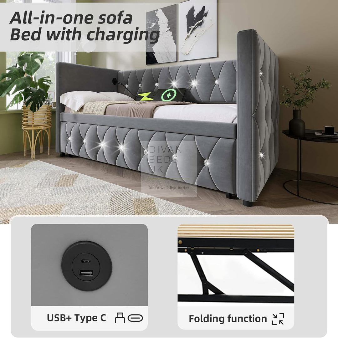 Taranto Grey Velvet Diamante Crystal Smart Daybed Sofa Bed Couch with Trundle, Charging Station, USB & Type C Ports