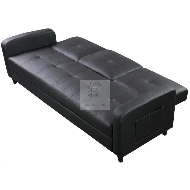 Salazar Black Leather 3 Seater Sofa Bed with Cup Holders, Armrest and Side Storage Pockets