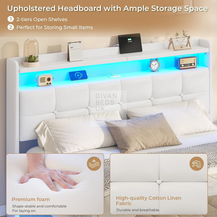 Harleigh Smart Metal Floating Bed with Off-White Padded Storage Headboard, LED Lights, Plug Sockets, USB &amp; Type C Charging Station