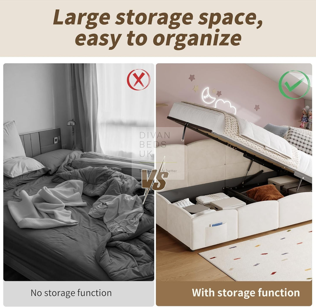 Amaia Beige Plush Velvet Smart Ottoman Storage Daybed Sofa Bed Couch with Charging Station, USB & Type C Ports