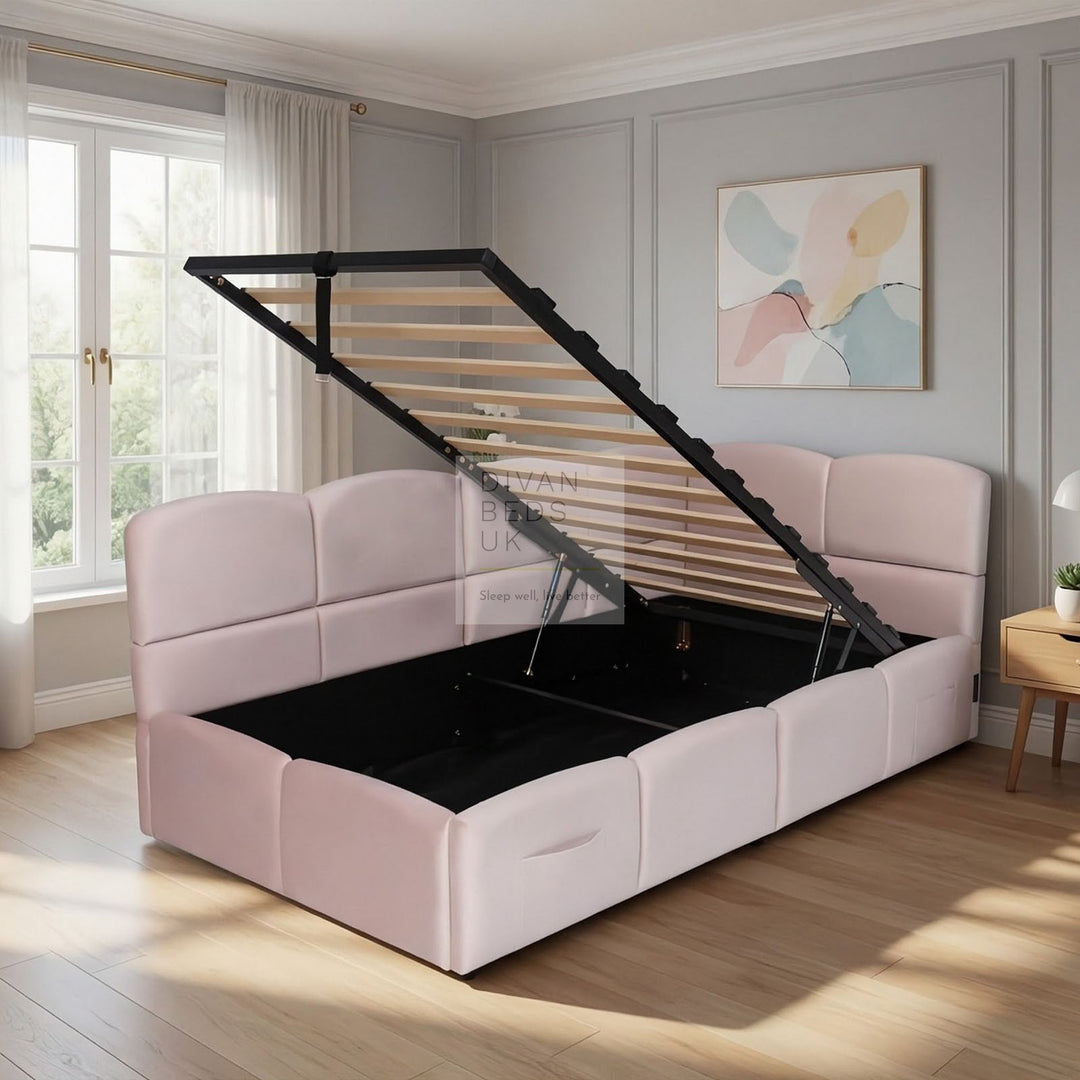 Amaia Pink Plush Velvet Smart Ottoman Storage Daybed Sofa Bed Couch with Charging Station, USB & Type C Ports