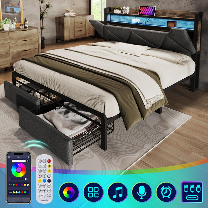 Cagliari Charcoal Grey Linen 2 Drawer Storage Bed with LED Lights, Type C and USB Charging Headboard Storage Shelf