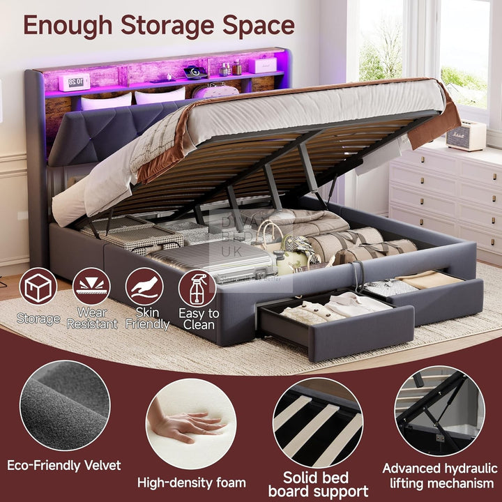 Velasquez Grey Plush Velvet Ottoman Storage Smart Bed with Type C, USB & Socket Charging Headboard Storage Shelves