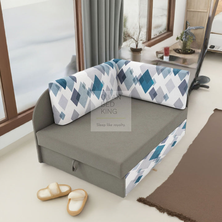 Cuboid Blue Grey Cotton Corner Sofa Bed with Storage