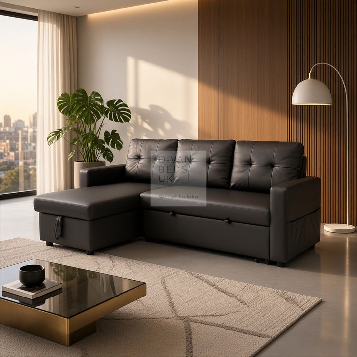 Sarai Black Leather 4 Seater Ottoman Storage Corner L Shape Sofa Bed with Pull-Out Trundle