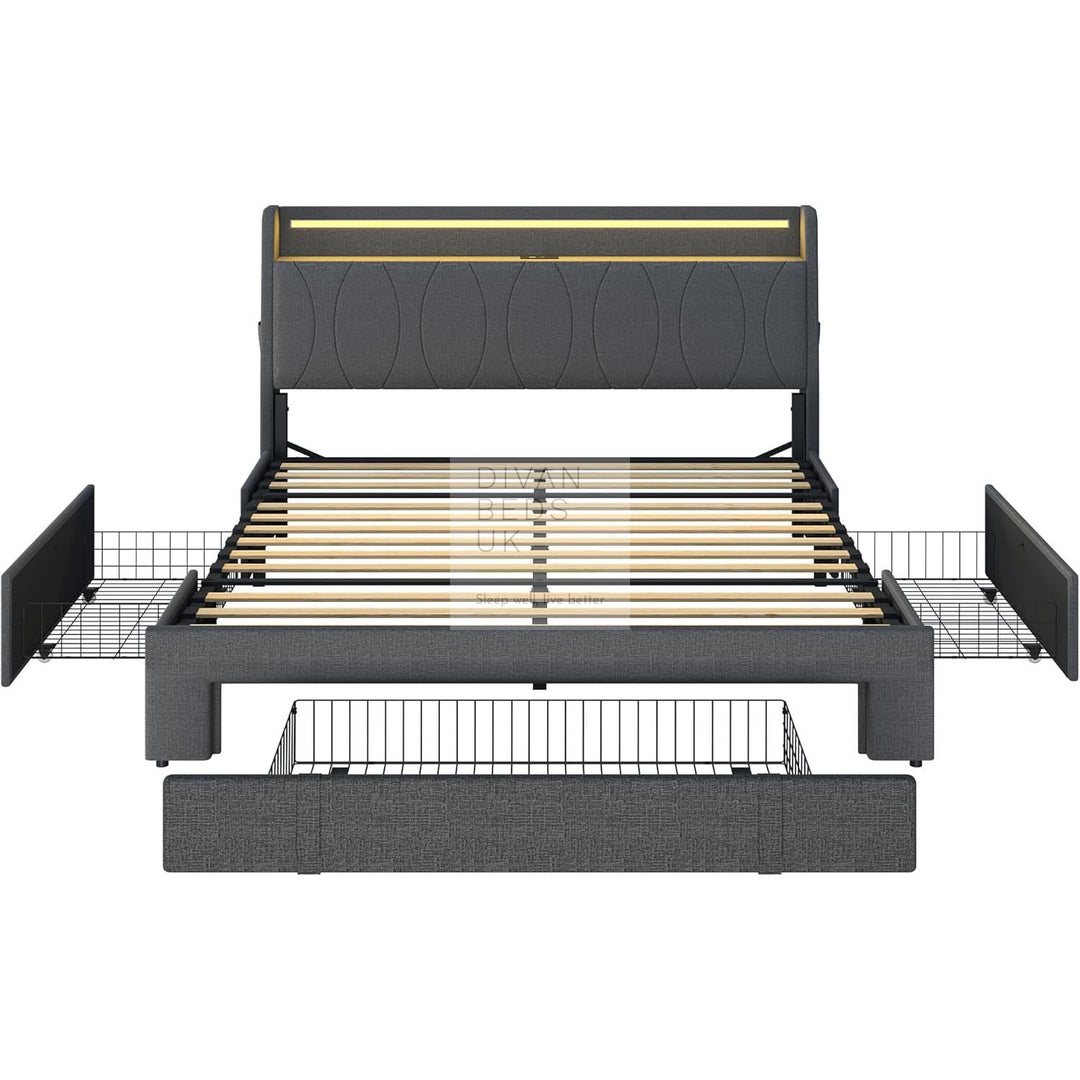 Emilio Wingback Grey Linen Smart Bed with 3 Drawer Storage, LED Lights, Charging Station USB, Type C on Headboard Storage Shelf