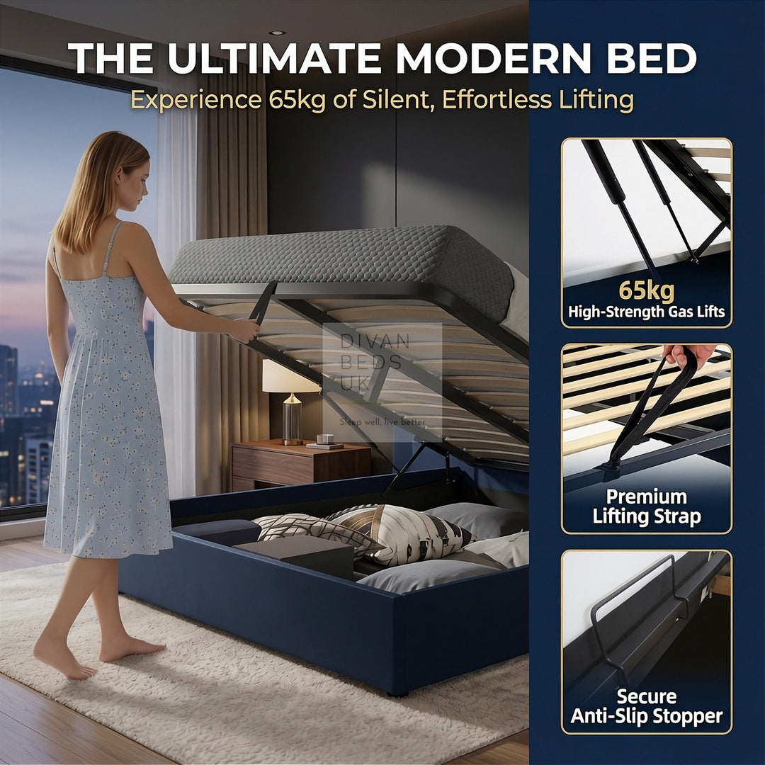 Hiley LED Black Leather Ottoman Gas Lift Storage Bed Frame