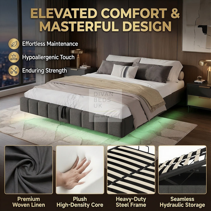 Carrillo Floating Style Smart LED Grey Linen Ottoman Gas Lift Storage Bed Base