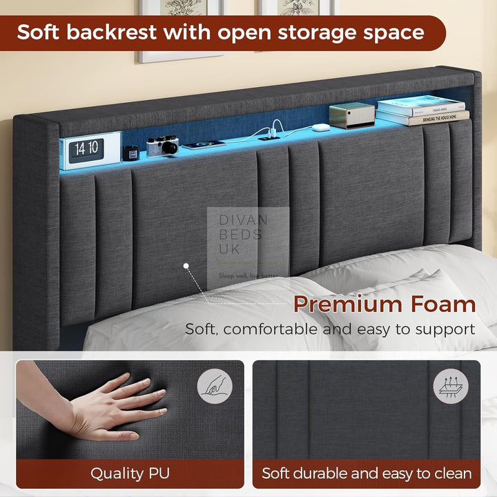 Everleigh Grey Linen Floating Bed Frame with Padded Storage Wing Headboard, LED Lights, USB & Type-C Charging Station
