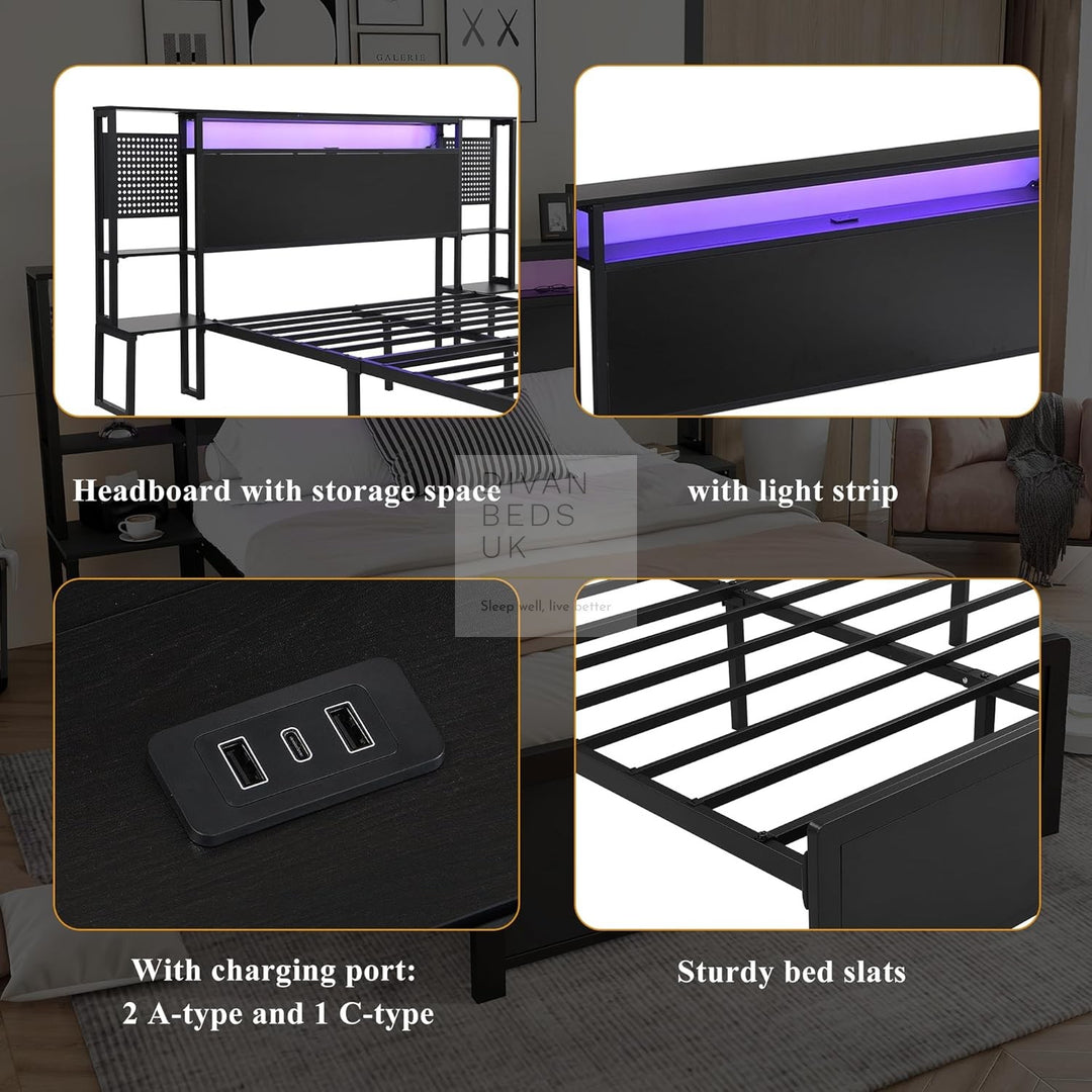 Zentiva LED Black Smart Bed with Integrated Bedside Tables, Charging Station with USB and Type C
