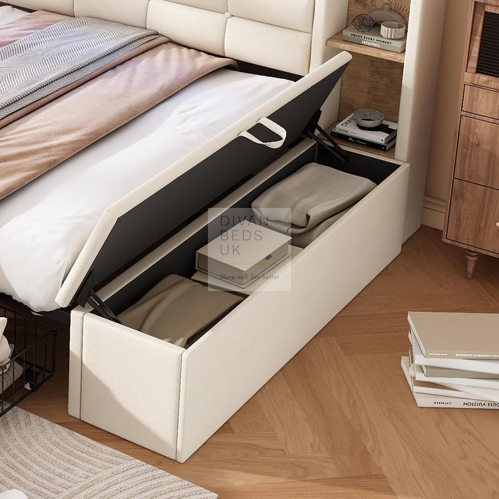 Avayah Beige Linen Smart Daybed Sofa Bed with 2 Drawers, LED Shelves Storage, USB &amp; Type C Charging Station &amp; Storage Box