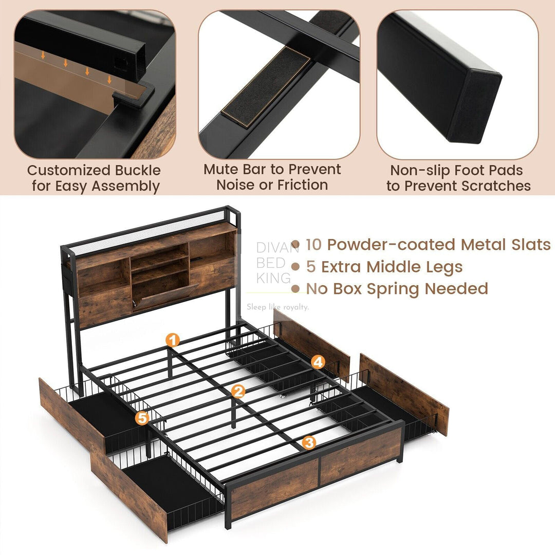 Henry Metal Divan Bed with 4 Drawers with Headboard, Shelves, Sockets and Charging Station