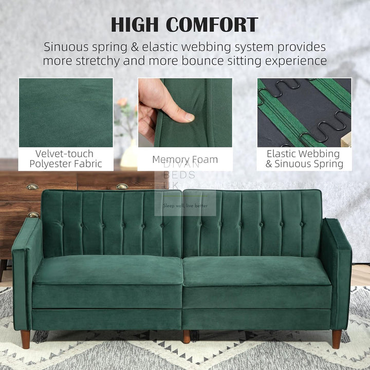 Bronson Green Plush Velvet 3 Seater Sofa Bed