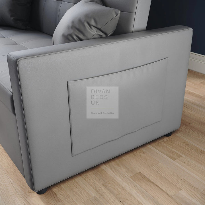 Santana Light Grey Leather Daybed Sofa Bed Couch with Sidepockets & 2 Matching Pillows