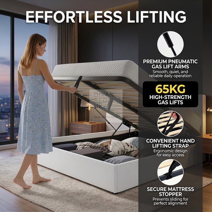 Hiley LED White Leather Ottoman Gas Lift Storage Bed Frame